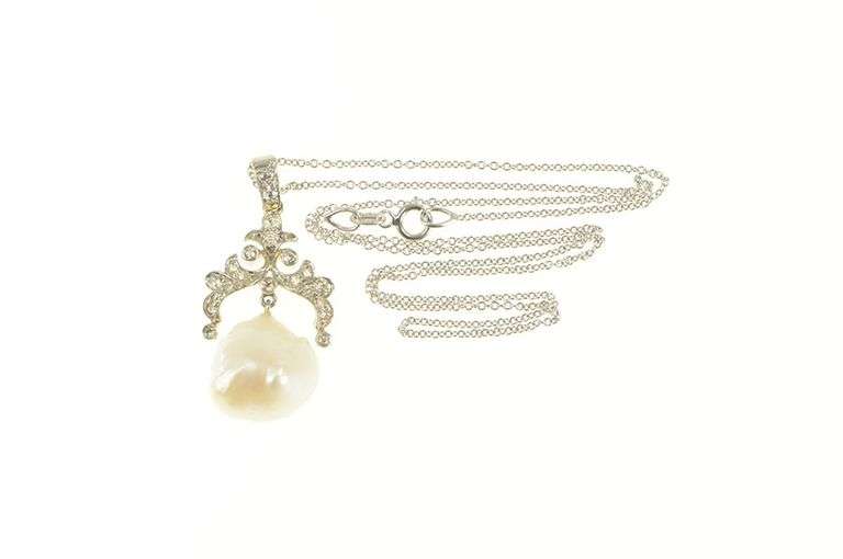 14K White Gold Victorian Pearl Ornate Diamond Statement Necklace