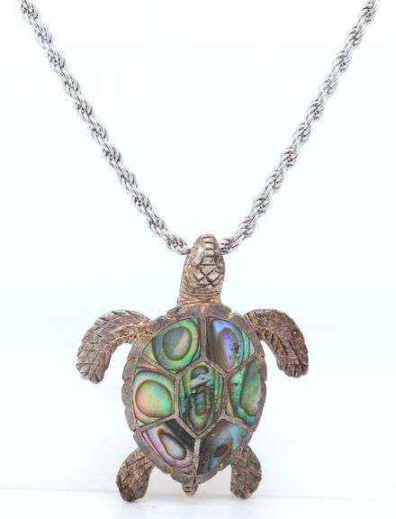 Vintage 925 Sterling Silver Abalone Turtle Pendant on Italian Chain Necklace