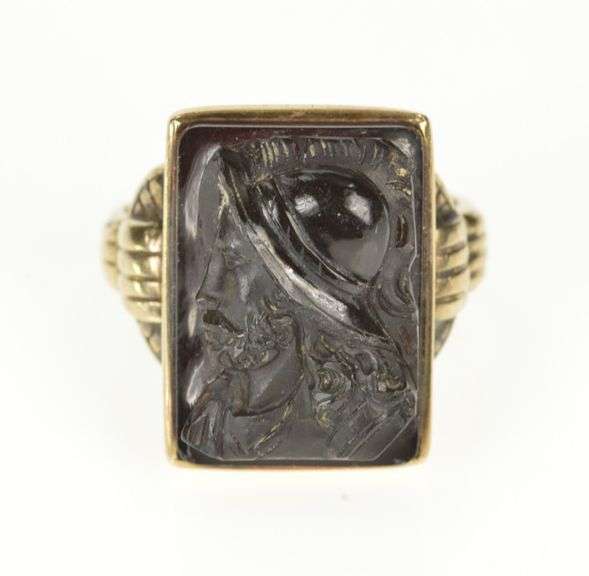 10K Yellow Gold Carved Soldier Black Onyx Cameo Statement Ring