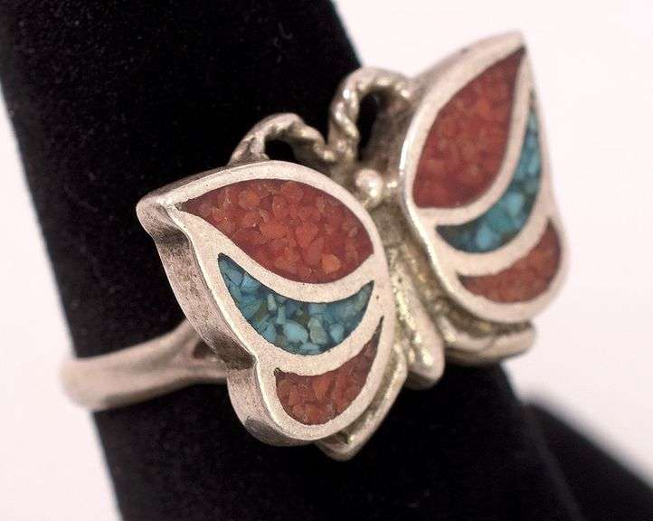 Sterling Silver Turquoise and Coral Butterfly Ring