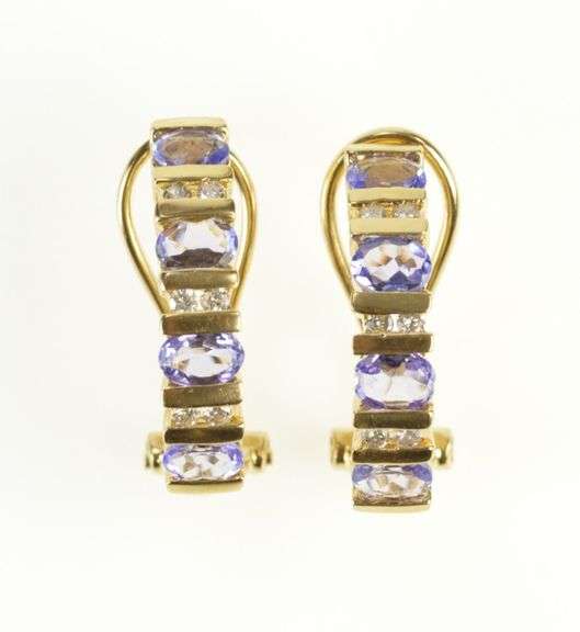 14K Yellow Gold Oval Tanzanite Diamond Inset Semi Hoop Earrings