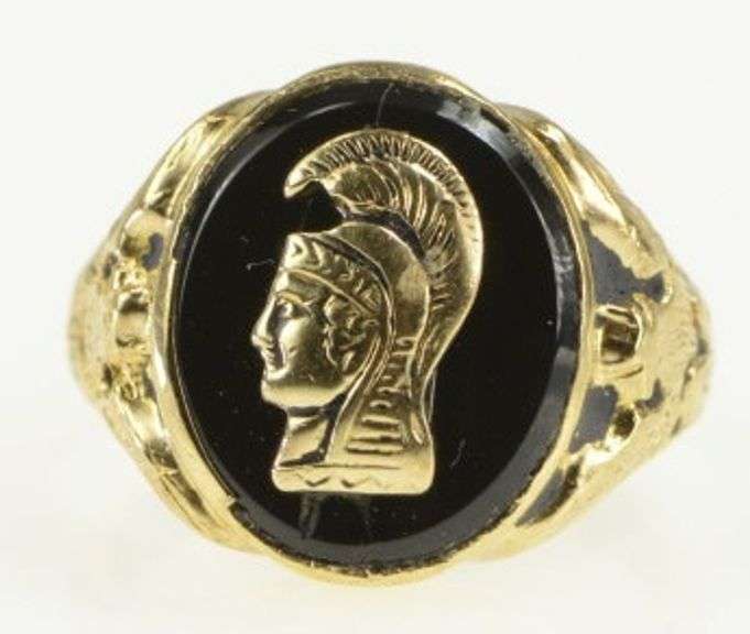 10K Yellow Gold Black Onyx Trojan Soldier Overlay Statement Ring