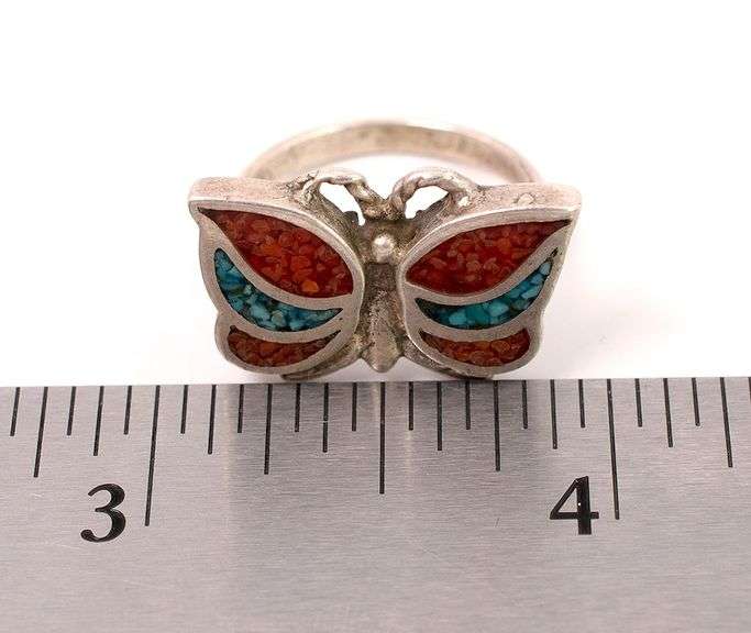 Sterling Silver Turquoise and Coral Butterfly Ring