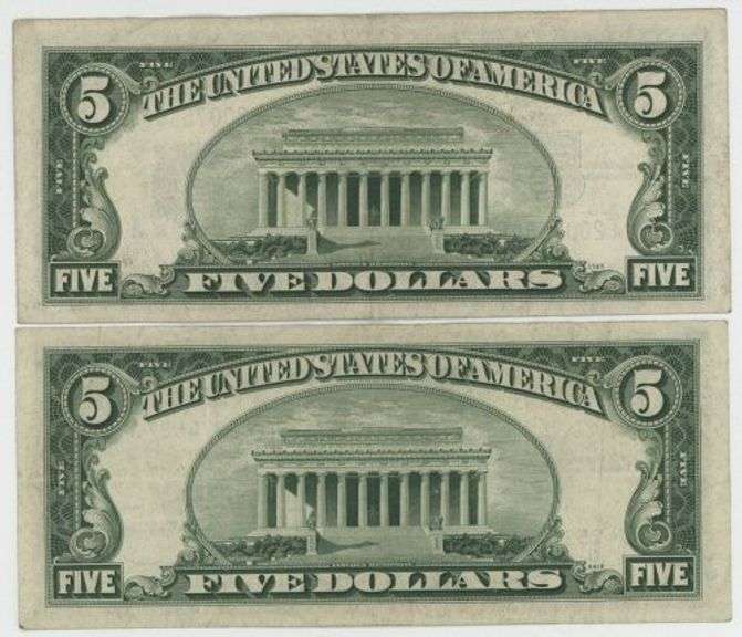 Pair of $5 Blue Seal Silver Certificate STAR notes: 1934 & 1953
