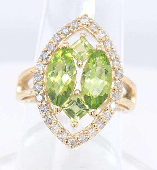 Attractive Yellow Gold 3ctw Marquise and Square Cut Peridot and Diamond accent Halo Ring