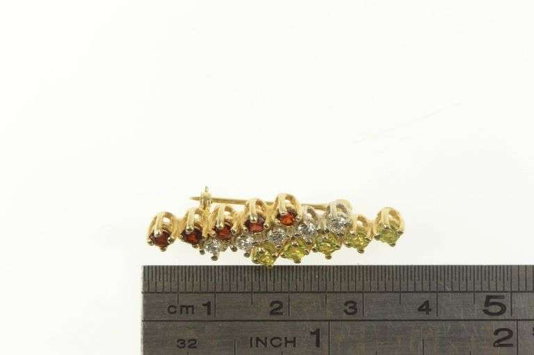 14K Yellow Gold Peridot Garnet Diamond Diagonal Cluster Pin/Brooch
