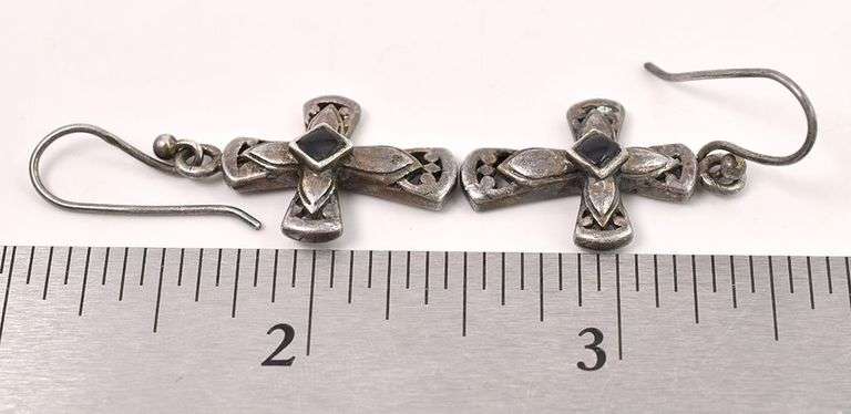 Sterling Silver Cross Black Onyx Dangle Earrings