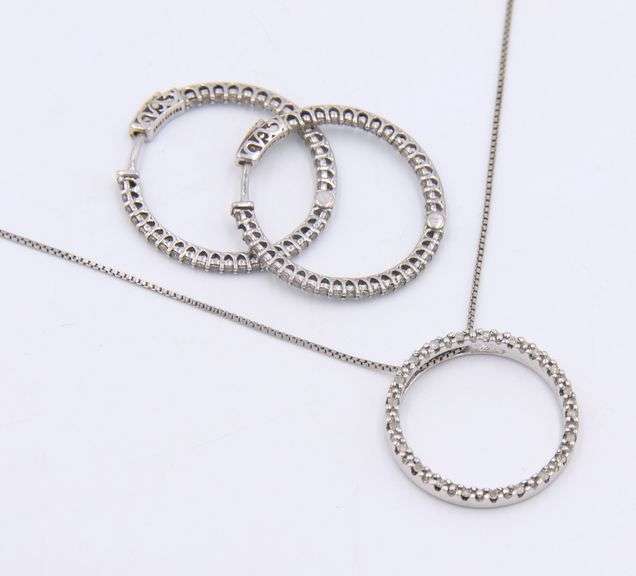 Set of 925 Sterling Silver Cubic Zirconia Pendant on Chain and Hoop Earrings