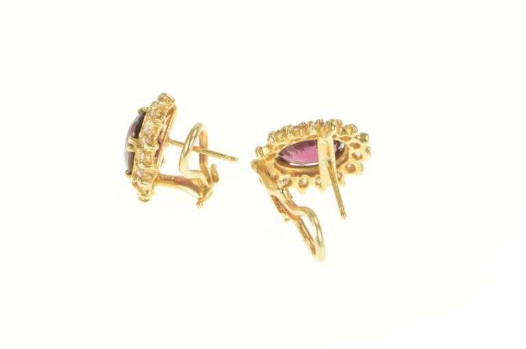 14K Yellow Gold 4.30 Ctw Rubellite Tourmaline Diamond Halo Earrings