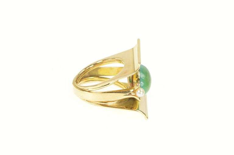 18K Yellow Gold 1940's Turquoise Pearl Geometric Squared Ring