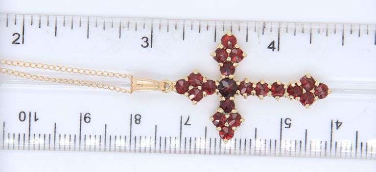 Divine Yellow Gold Garnet Cross Pendant on Chain Necklace