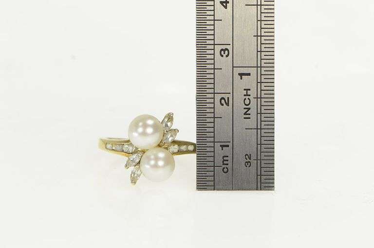 10K Yellow Gold Cultured Pearl CZ Vintage Bypass Ring