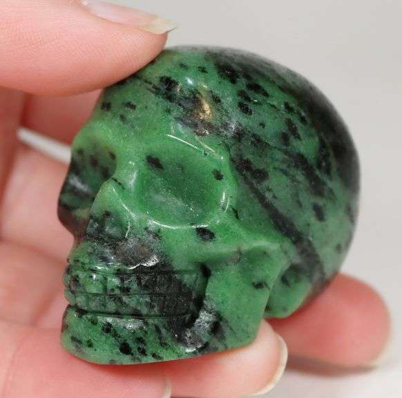 Detailed 675ct Zoisite skull carving