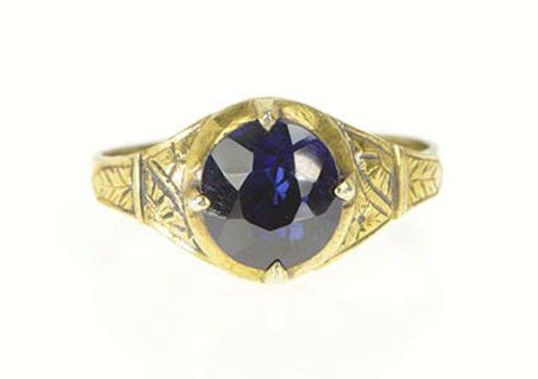 Gold Filled Victorian Syn. Sapphire Floral Engraved Ring