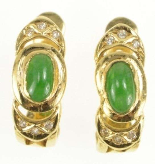 18K Yellow Gold Natural Jade Diamond Accent Oval Hoop Earrings