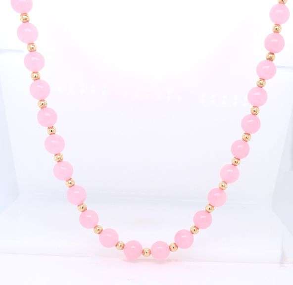 Stunning Pink Jade and Yellow Gold Ball Necklace