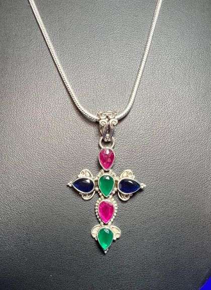 GORGEOUS 8.47 CT SAPPHIRE CROSS PENDANT WITH EMERALD AND RUBY ACCENT STONES