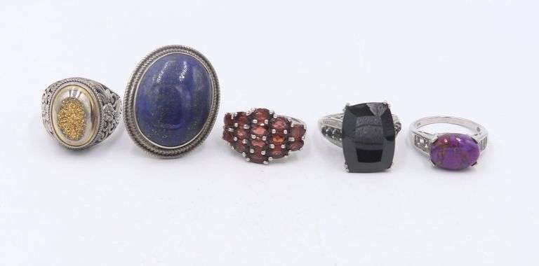 Group Lot of 5 Vintage 925 Sterling Silver Gemstone Rings