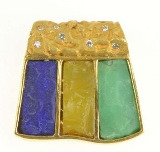 18K Yellow Gold Lapis Citrine Chrysoprase Diamond Statement Pendant