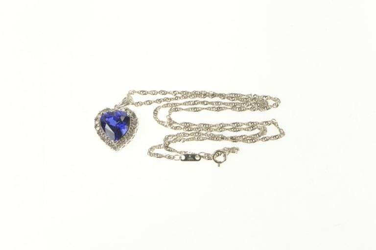 10K White Gold Heart Syn. Sapphire Diamond Halo Chain Necklace