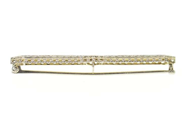 14K White Gold Art Deco Ornate Leaf Filigree Bar Pin/Brooch