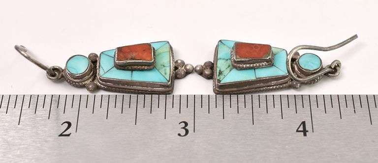 Sterling Silver Turquoise and Coral Dangle Earrings