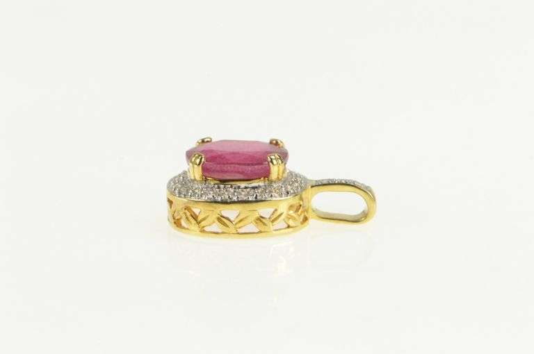 18K Yellow Gold 4.76 Ctw Natural Ruby Diamond Halo Designer Pendant