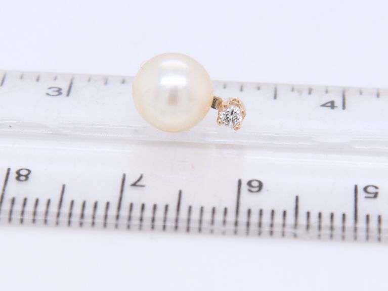 Lovely Yellow Gold 7mm Pearl and Diamond Stud Earrings