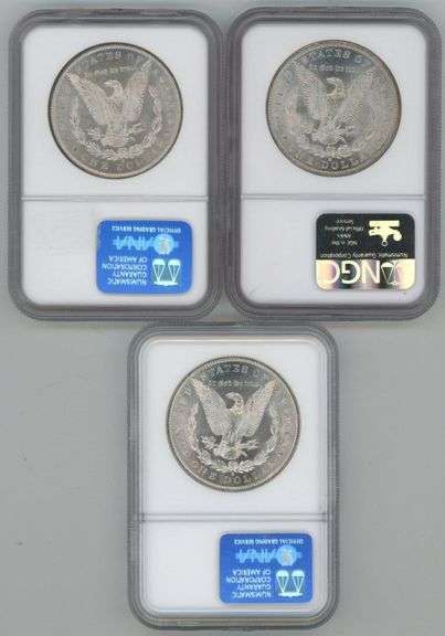 3 Diff. Super BU 'S' Mint Morgan Silver Dollars. NGC MS64