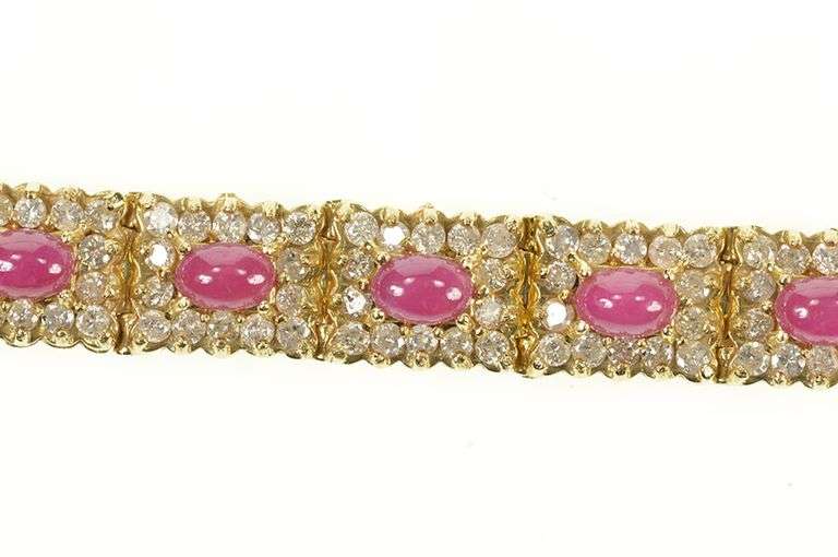 14K Yellow Gold 13.80 Ctw Ruby Cabochon Diamond Halo Tennis Bracelet