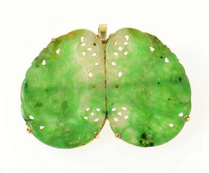 14K Yellow Gold Victorian Carved Floral Swirl Wing Jade Pendant