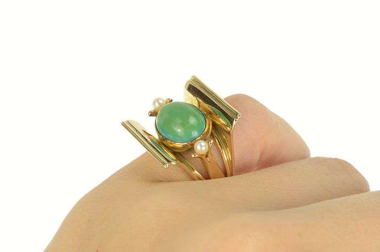 18K Yellow Gold 1940's Turquoise Pearl Geometric Squared Ring