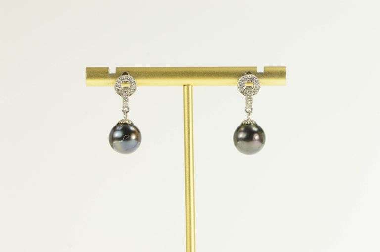 14K White Gold 5.6mm Round Black Pearl Diamond Dangle Earrings