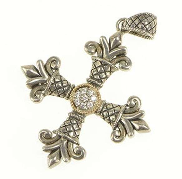 Sterling Silver Ornate Scroll Cross CZ Two Tone 14k Gold Pendant