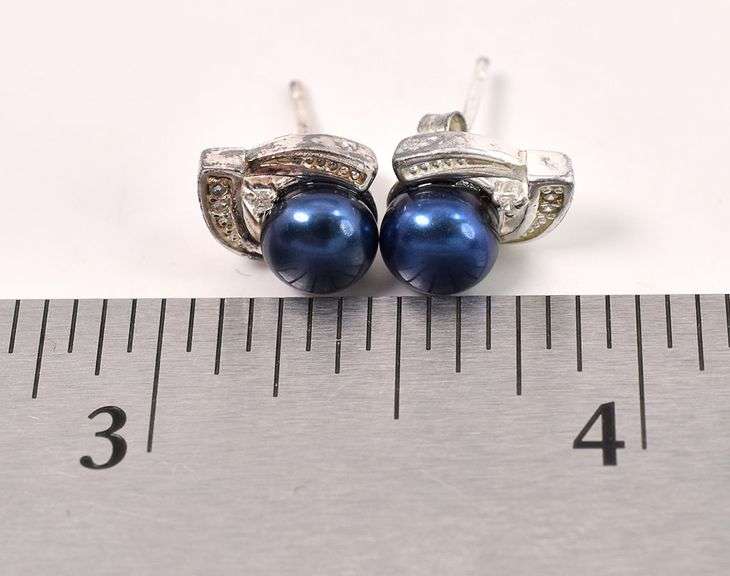 Sterling Silver Blue Pearl and CZ Gem Stud Earrings