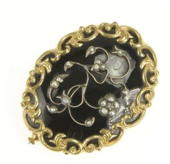 Gold Filled Victorian Black Onyx Seed Pearl Floral Mourning Pin/Brooch