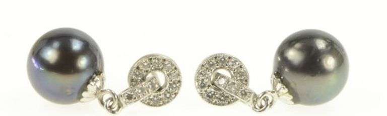 14K White Gold 5.6mm Round Black Pearl Diamond Dangle Earrings