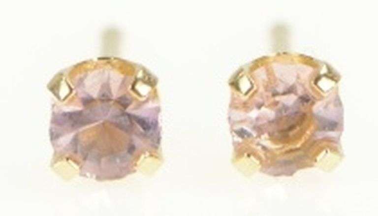 14K Yellow Gold Pink Cubic Zirconia Inset Vintage Stud Earrings