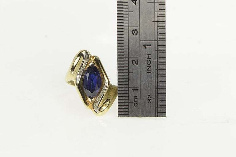10K Yellow Gold Marquise Syn. Sapphire Diamond Bypass Ring
