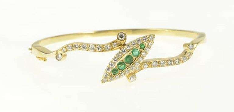 14K Yellow Gold 2.00 Ctw Navette Emerald Diamond Bangle Bracelet