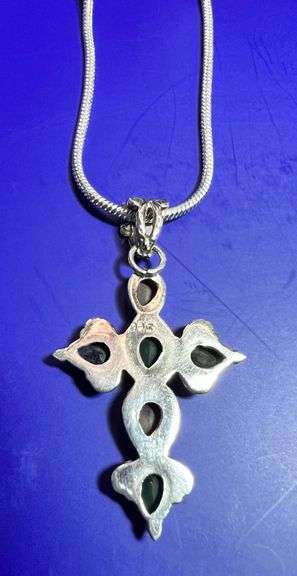 GORGEOUS 8.47 CT SAPPHIRE CROSS PENDANT WITH EMERALD AND RUBY ACCENT STONES