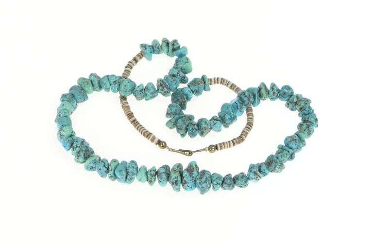 Sterling Silver Native American Raw Turquoise Onyx Beaded Necklace