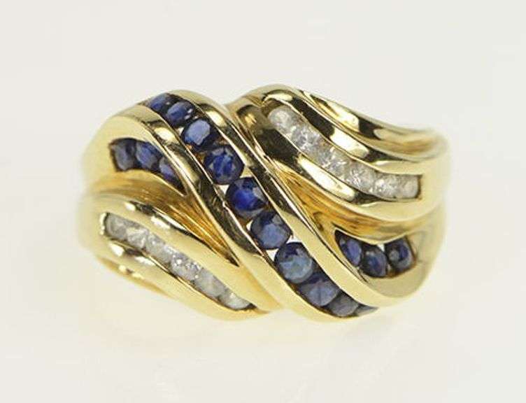 10K Yellow Gold White & Blue Sapphire Wavy Statement Ring