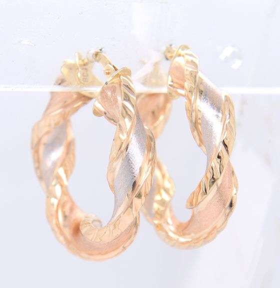 Beautiful Tri Color Gold Twisted Hoop Earrings
