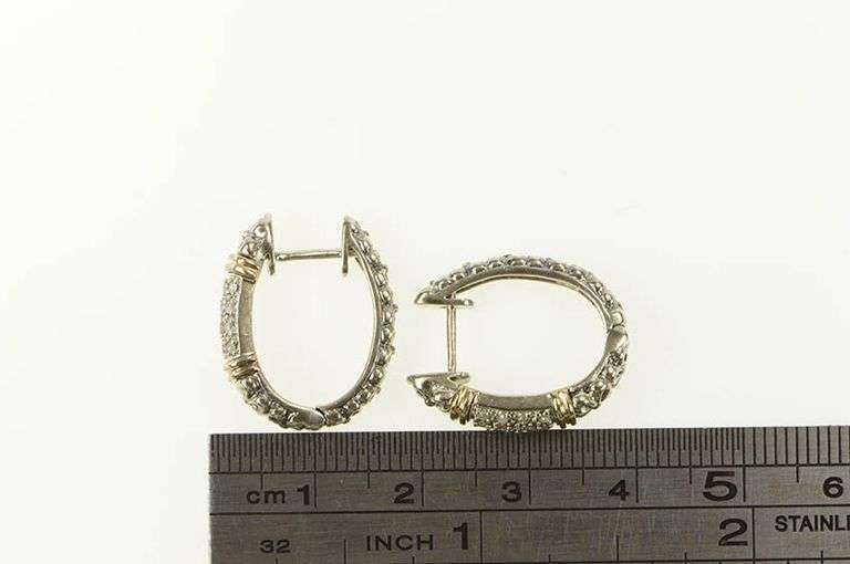 Sterling Silver Two Tone Pave Diamond Oval Hoop Earrings