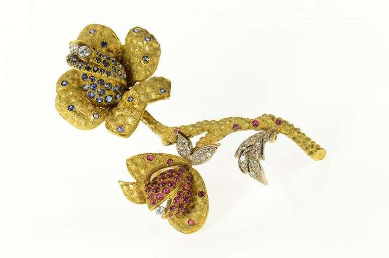 18K Yellow Gold 1960's Pave Sapphire Ruby Diamond Flower Pin/Brooch