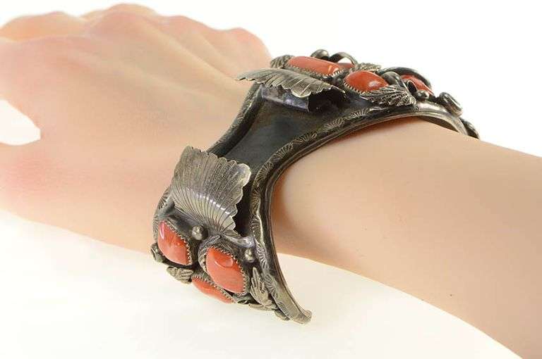 Sterling Silver Navajo Coral Jerry Wilma Begay Watch Cuff Bracelet