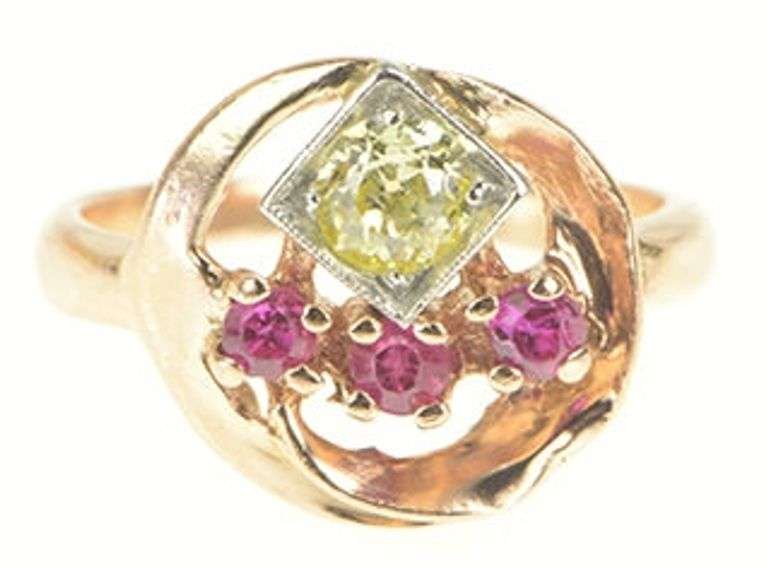 14K Yellow Gold 1930's 0.26 Ct Old Mine Cut Diamond Syn Ruby Ring