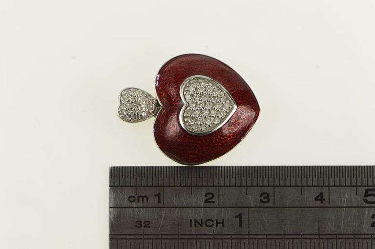 14K White Gold Red Enamel Pave Diamond Heart Pendant