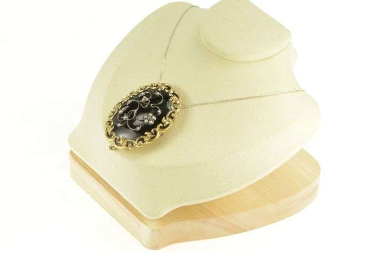 Gold Filled Victorian Black Onyx Seed Pearl Floral Mourning Pin/Brooch